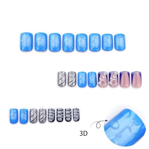 Goth Press on False Nails Short Square Fake Nails Blue French Glue FNG106star
