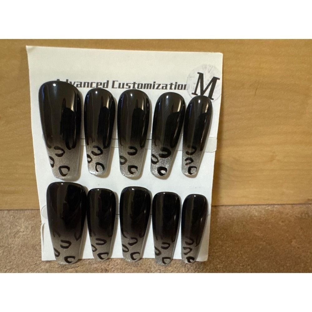 Black Silver Ombre Leopard Print Press On Nails Long Coffin Size Medium 10pc Set