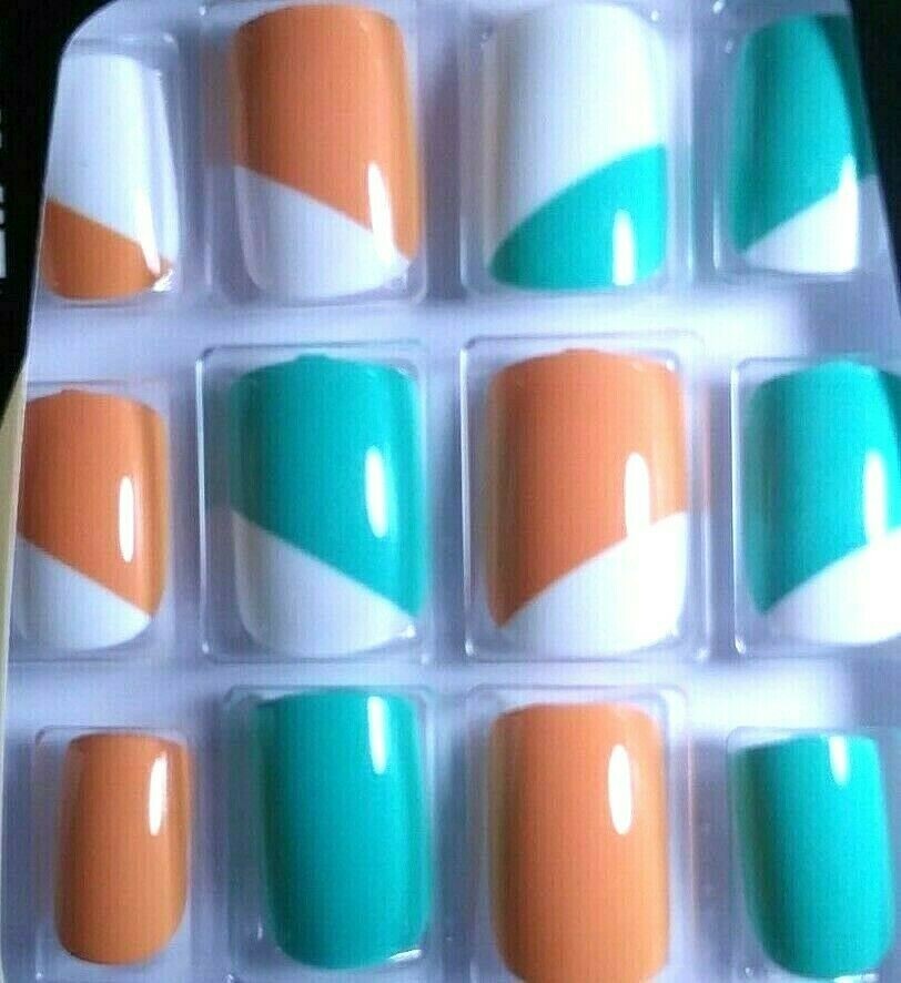 LA Colors 24 Glue On Nails Short Square Retro Orange Vintage Green Artic White