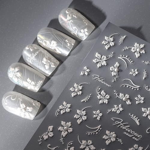 White Hibiscus Flower Nail Stickers 5D Embossed Self-Adhesive Floral Pearl