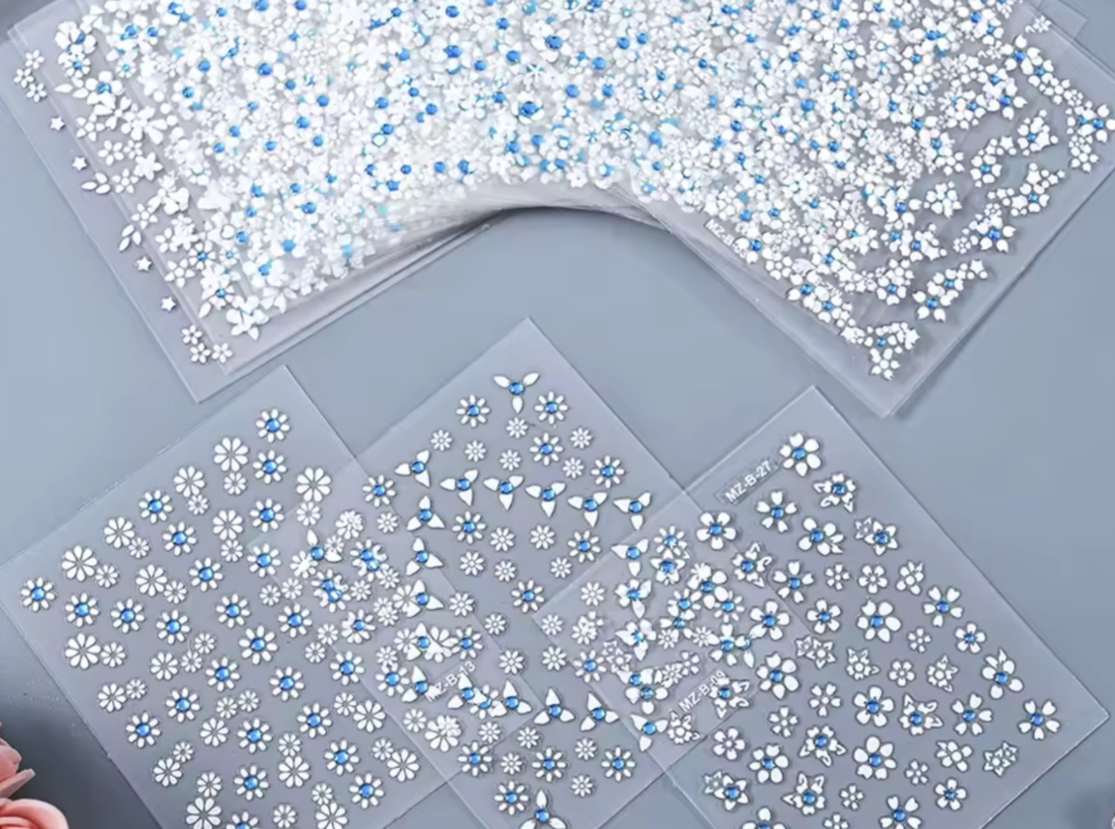 3D Nail Art Lace Stickers Decal’s with blue rhinestone, accent. 3 random sheets