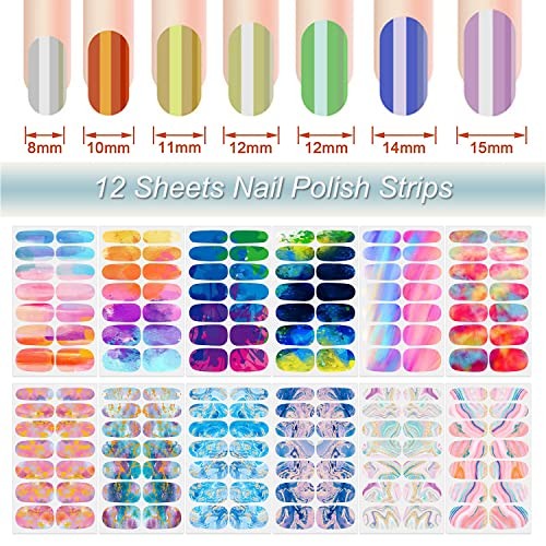 12 Sheets Nail Wraps Women’s Sticker Polish with Nail File, Rainbow Style
