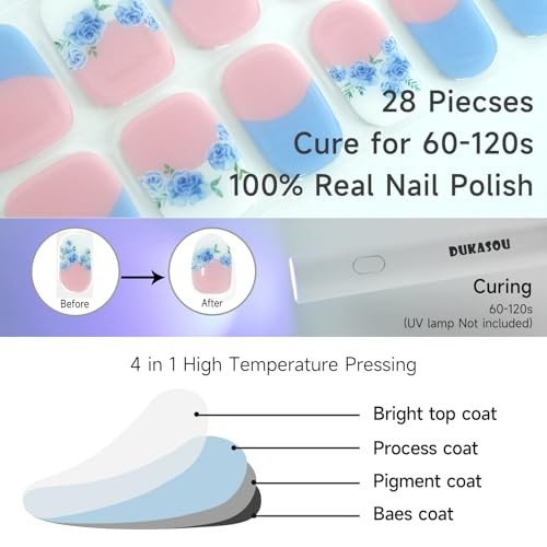 Semi Cured Gel Nail Strips | 28 pcs Chinese Style Gel Nail Blue Rose French