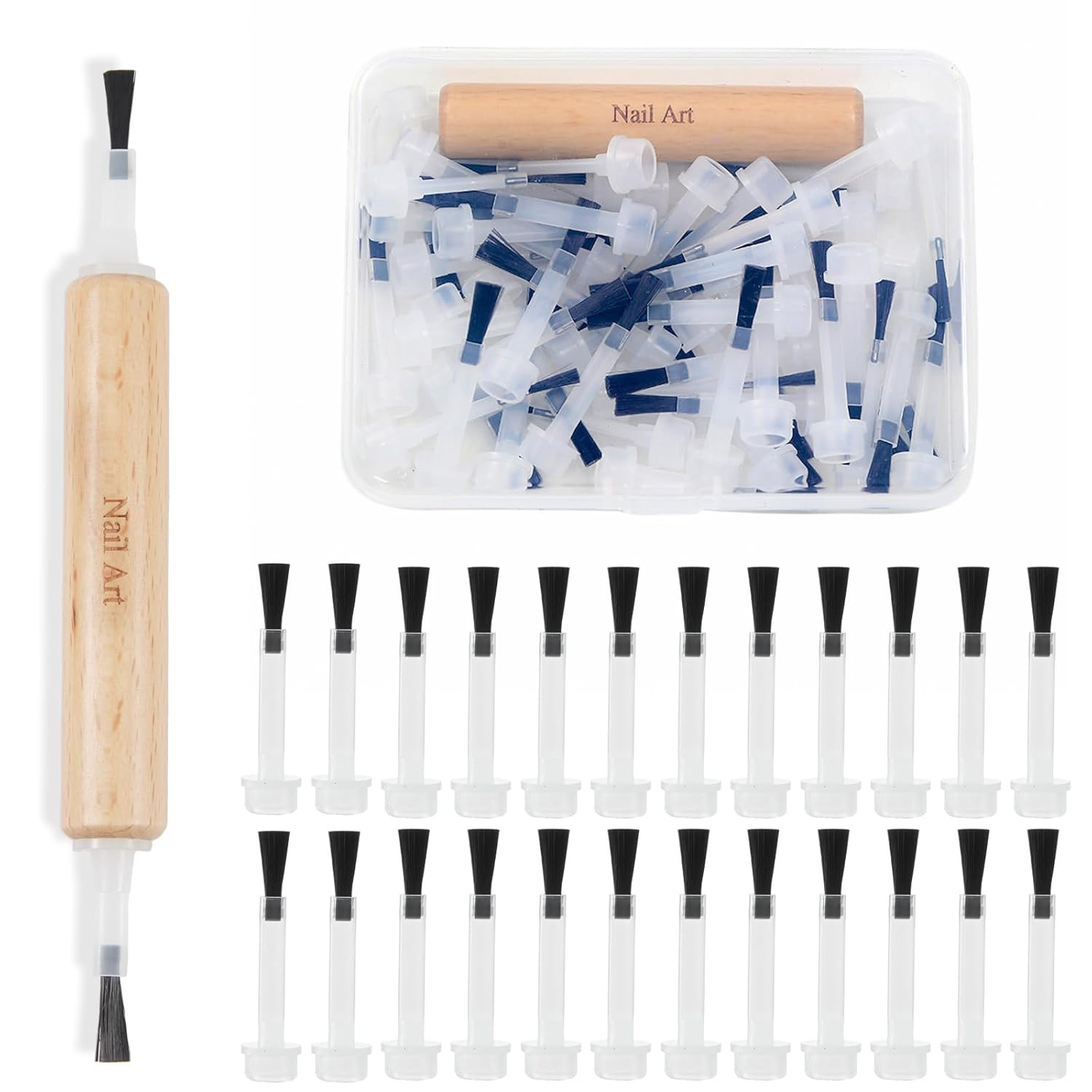 100Pcs Nail Polish Brush Replacement Brush with Double Side Wood Pen Holder Kit,