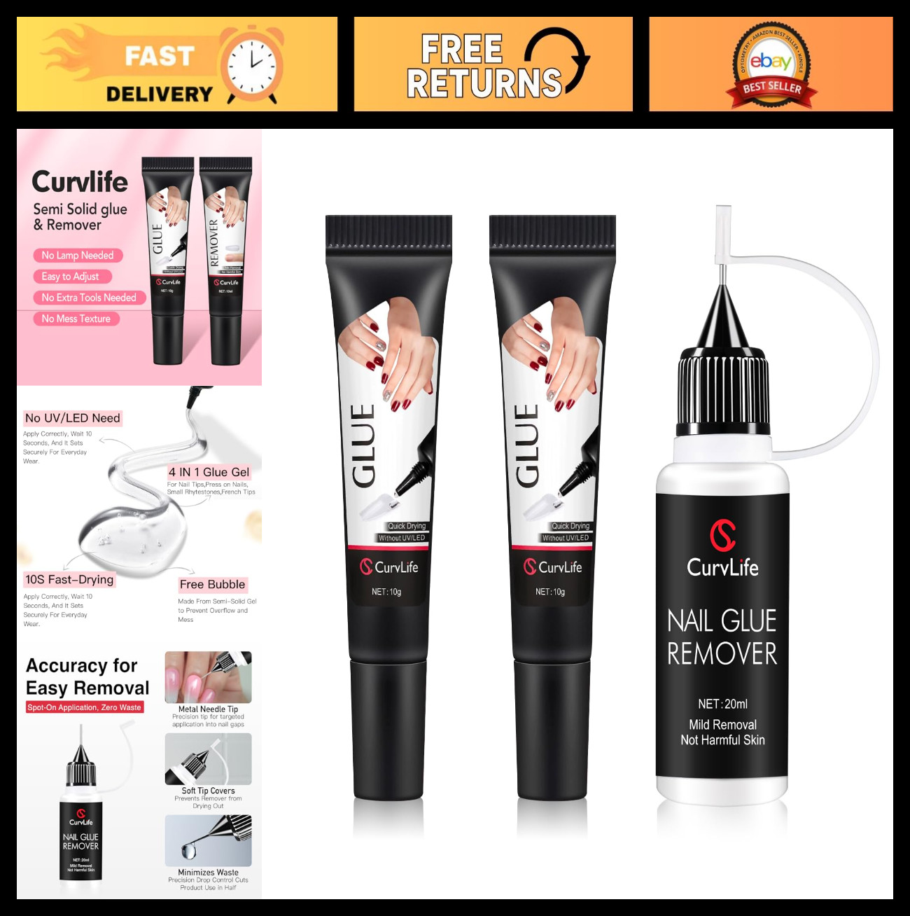 2pcs 10g Semi-Solid Glue Gel & 20ml Nail Glue Remover Kit – Quick Dry, No UV, No