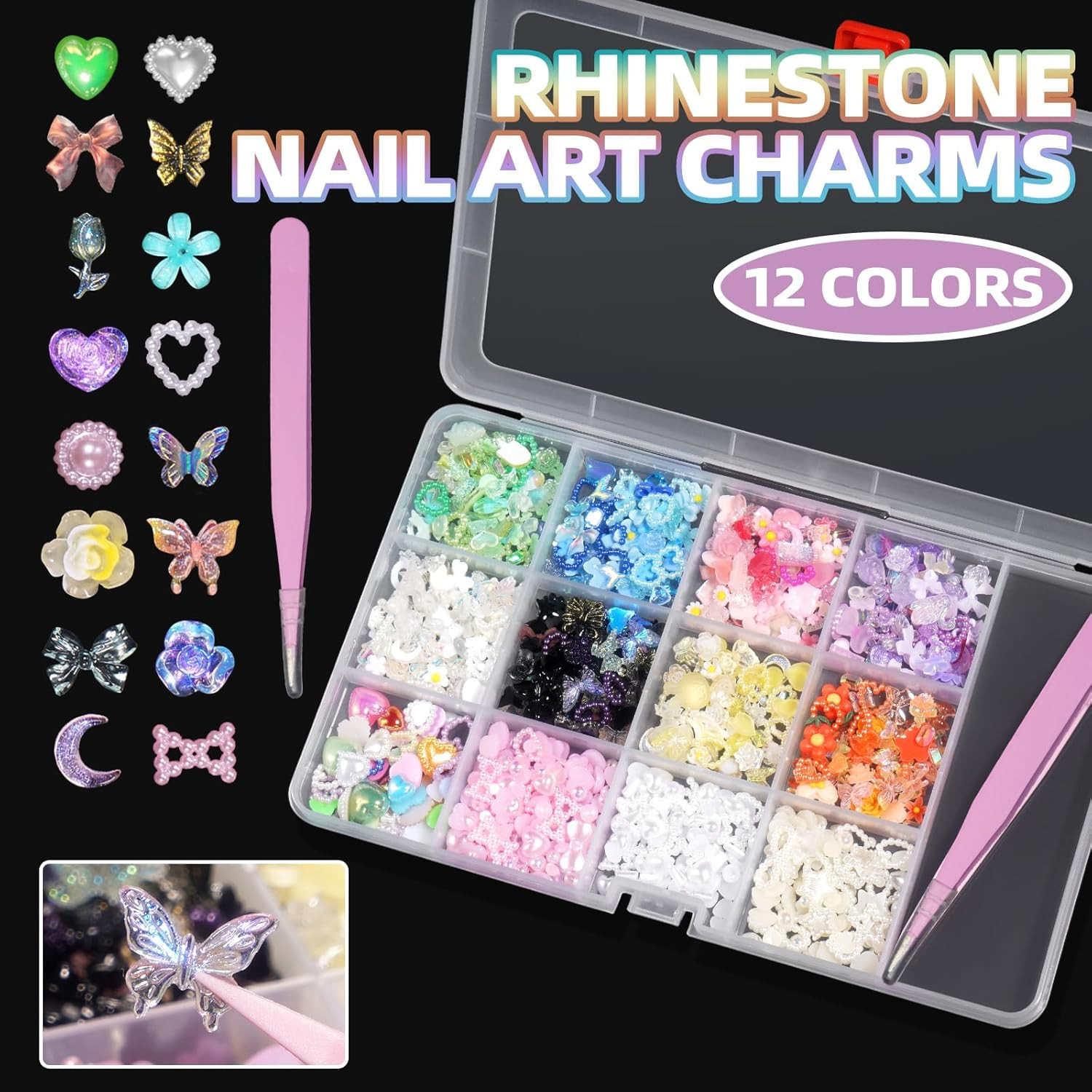 3D Mix Assorted Color Nail Charms, Acrylic Multi Blue Purple White Heart Flower