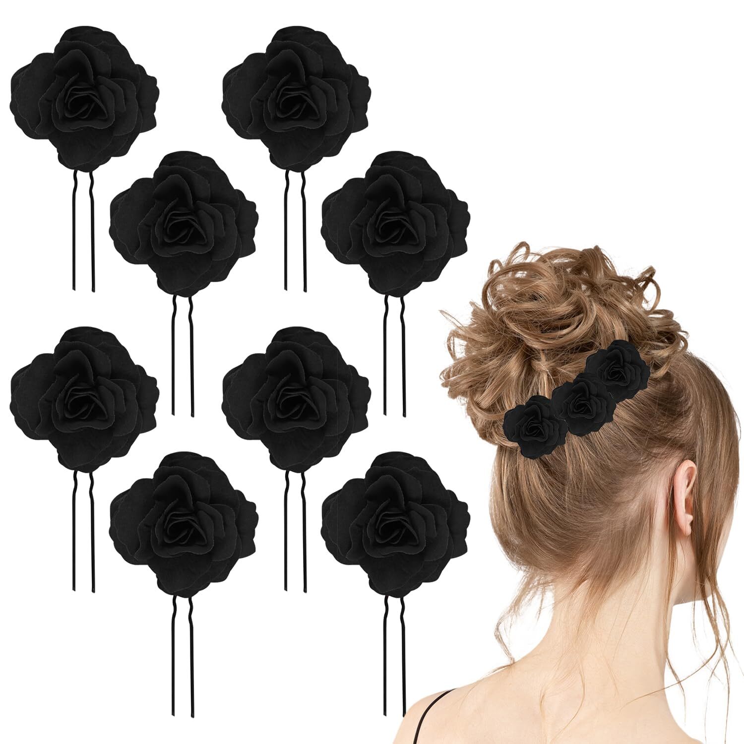 8 PCS Black Rose Flower Hair Clips U Shape Floral Bobby