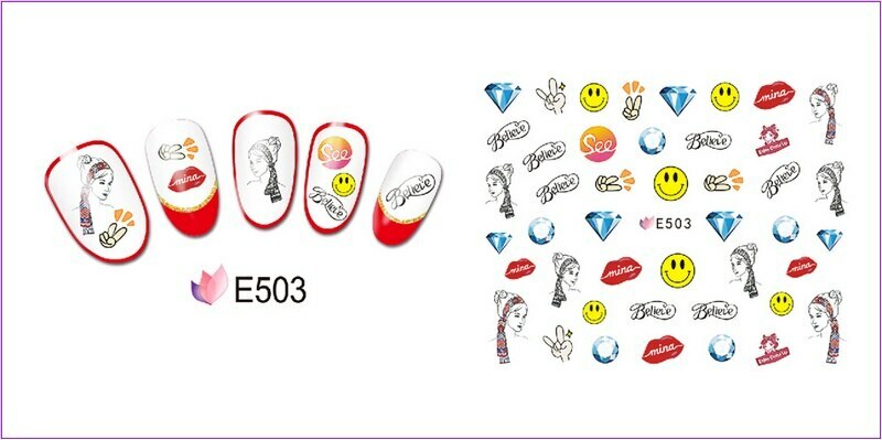 Nail Art 3D Decal Stickers smiley girl diamond lips believe E503