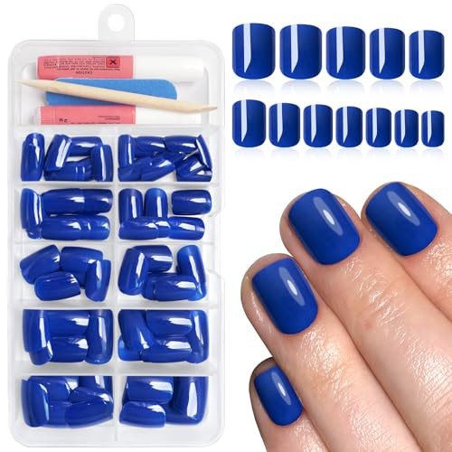 120Pcs Short Press on Nails – Glossy Square Glue on Nails – Royal Blue