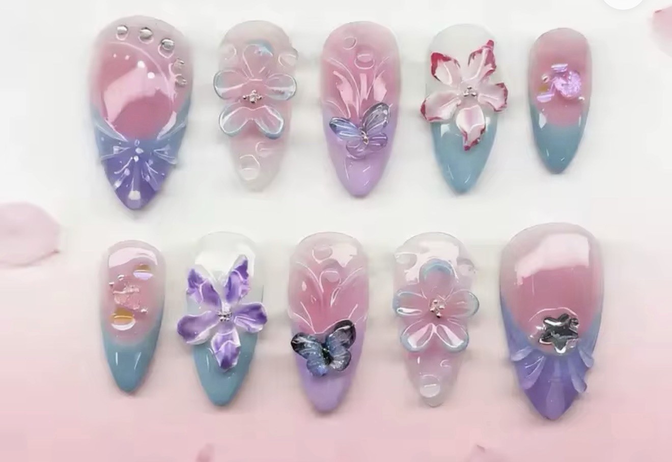 Pink Purple Blue 3D Butterfly Floral Almond Press-On Nails Medium Full Cover