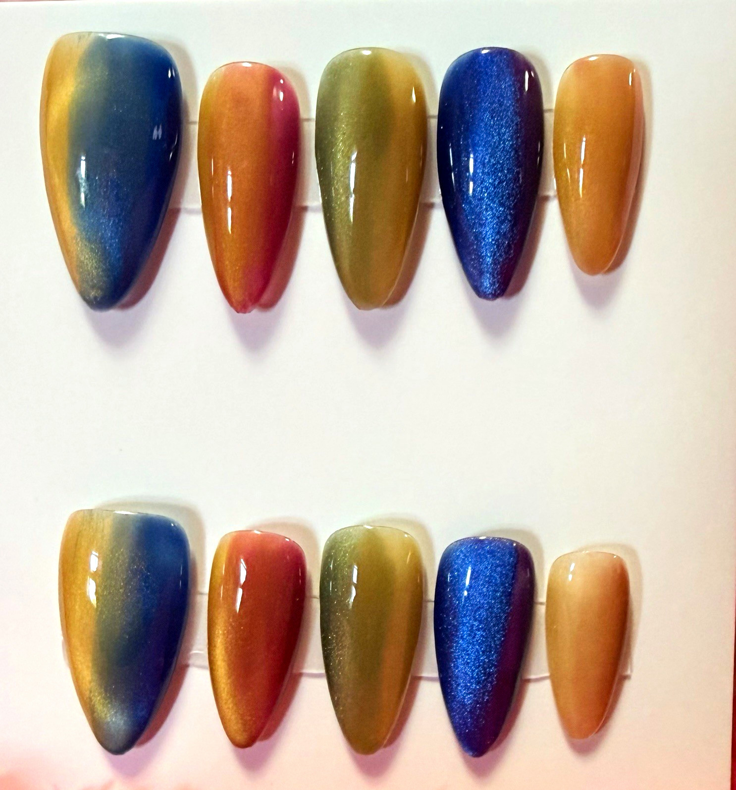 Ombre Shiny Full Cover Oval Medium Artificial Nail Tips Set Blue Gold Nude