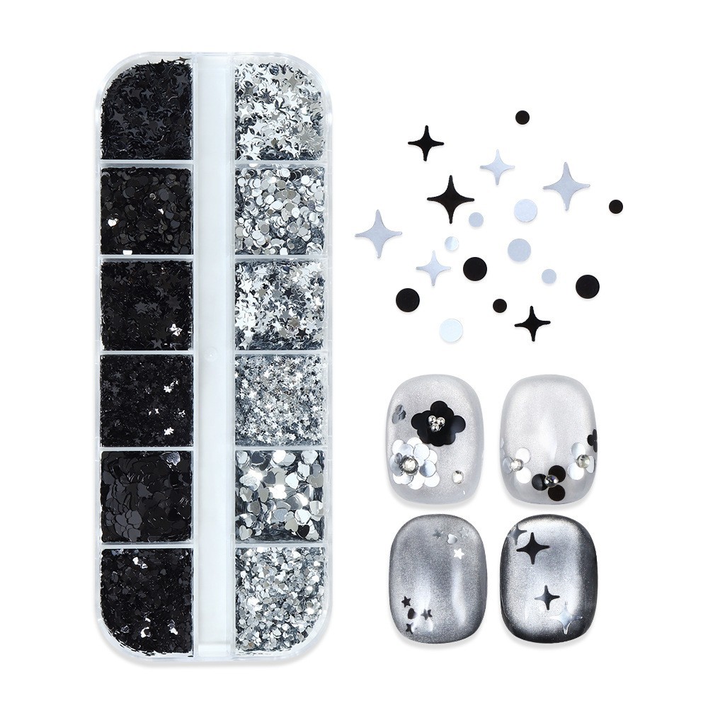 Mixed Size 1/2/3MM Silver Black Nail Glitter Sequins Heart Star Flakes for Nails
