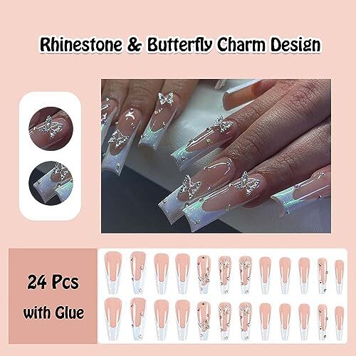 French Tip Press on Nails Square Long White Fake Nails with Rhinestone