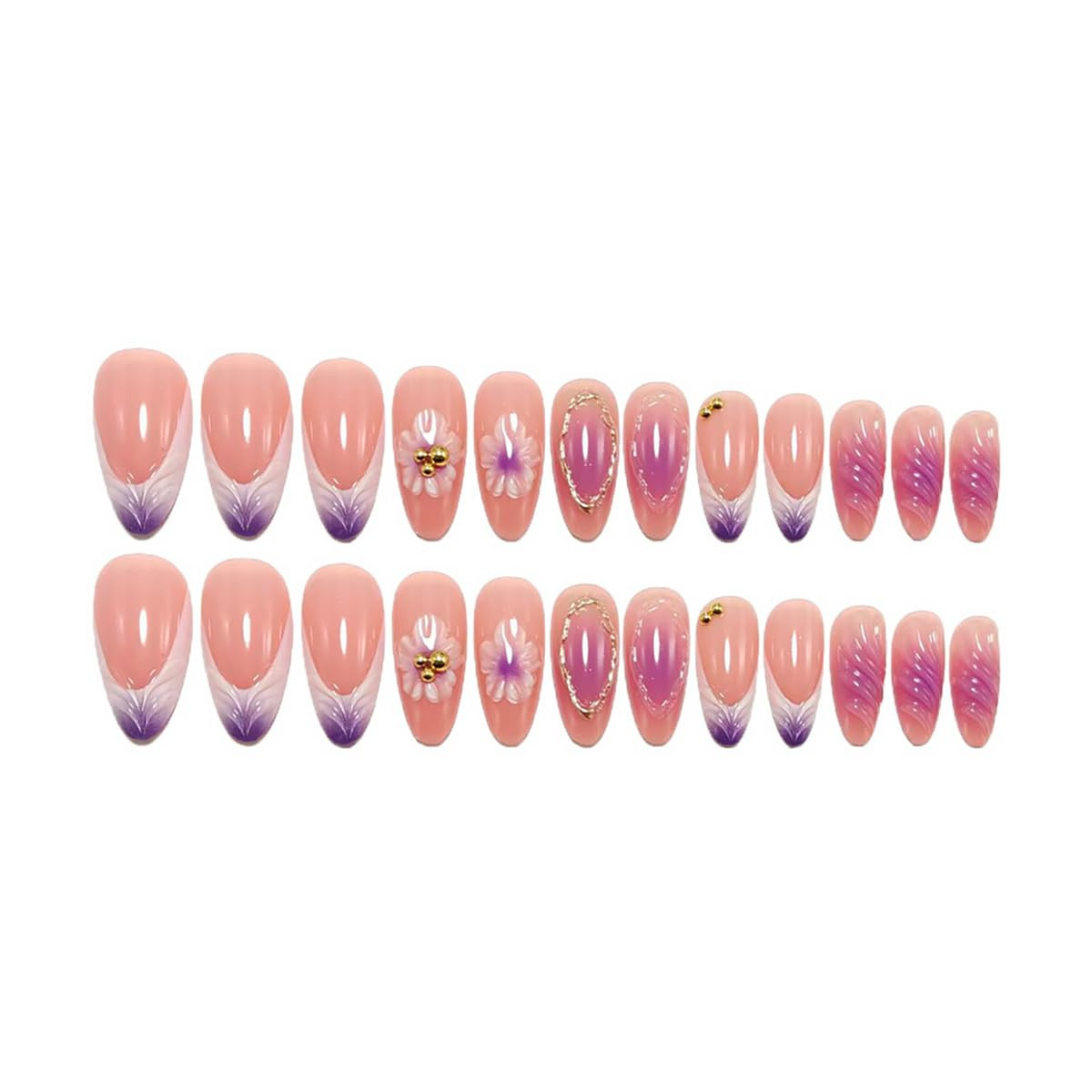 24Pcs Purple Flower Press on Nails Medium Almond Fake Nails French Tip False Nai