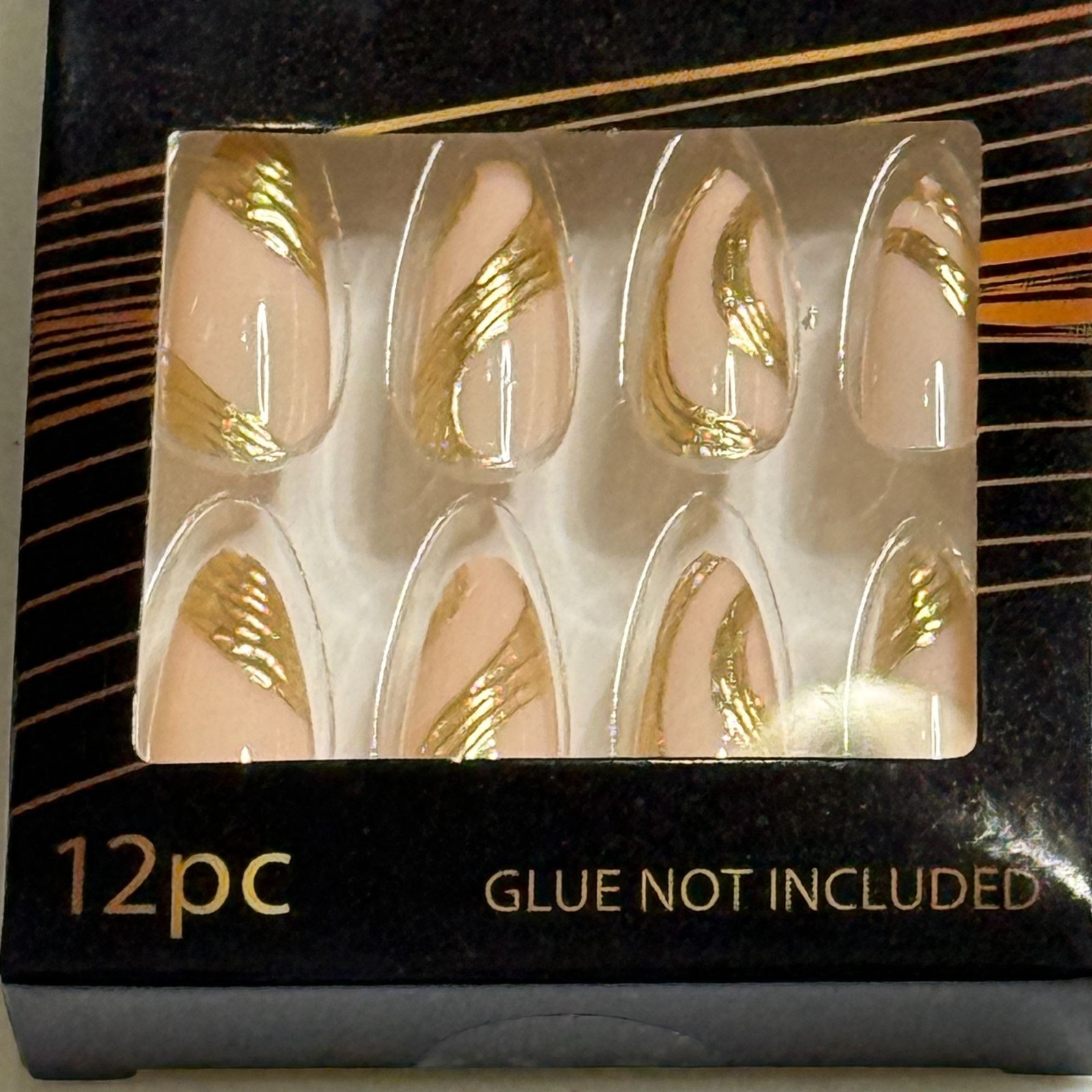 bColor Gold Nude Press On Nails 12pc Abstract Design Almond Glue Not Included