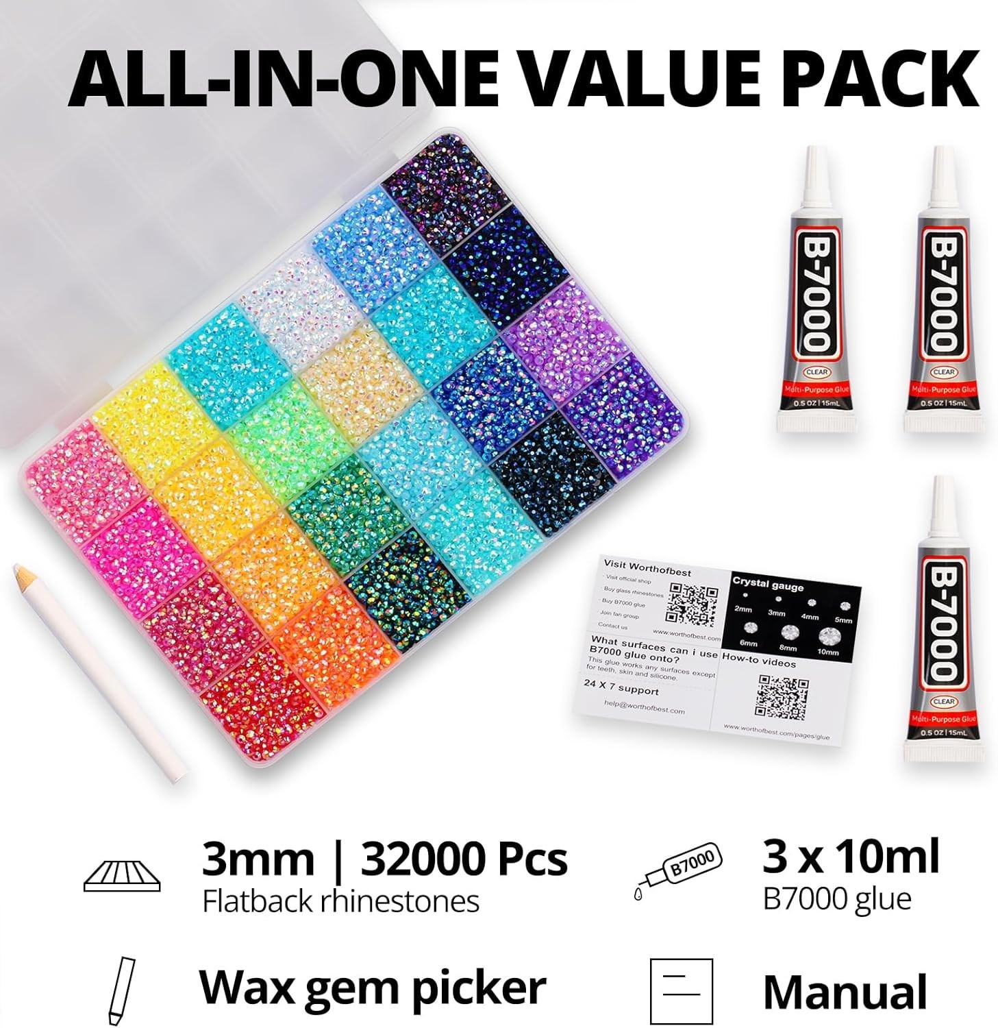 Vibrant 33000Pcs 3mm Jelly Rhinestones Bedazzling Set with Applicators & Glue