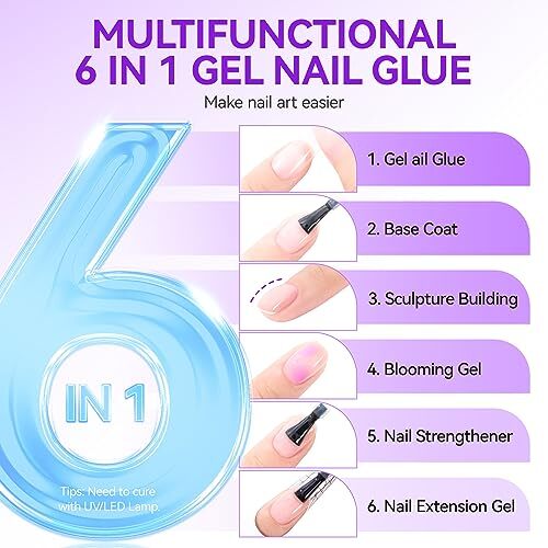 2 Pack 6 In 1 Nail Glue Gel for Acrylic Nails Press On Nails Extension