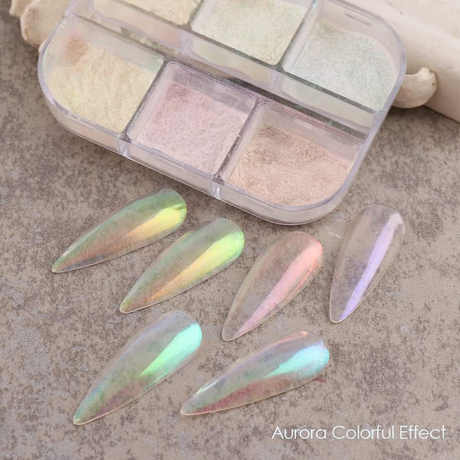 6 Colors Chrome Nail Powder Metallic Mirror Aurora Pearl Effect Gel Nail Art Kit