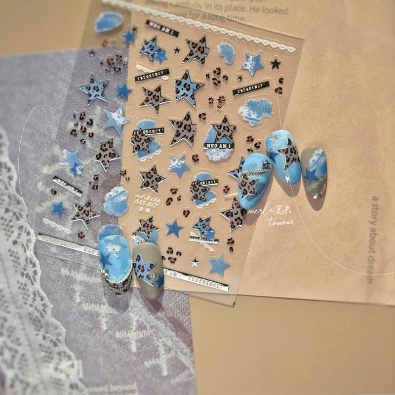 Denim Nail Stickers for Nail Art, Star Leopard Nail Decals 5D Embossed Blue