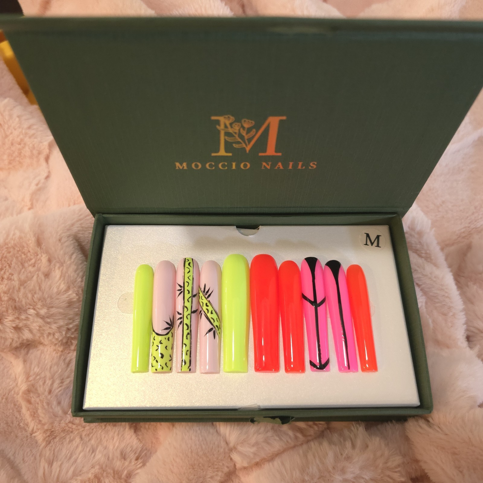 Press On Nails Long Square Neon Pink Orange Green Abstract Art Handmade Set Size
