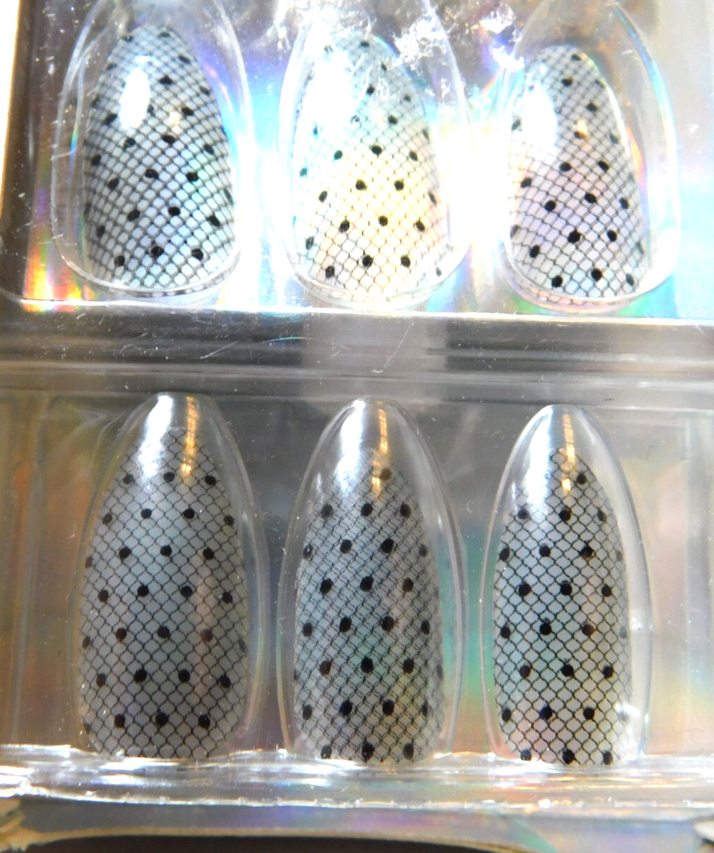 CBI Distributing Corp.~Icing 24 Faux Nails Vegan OA.AN Clear & Black Webs & Dots