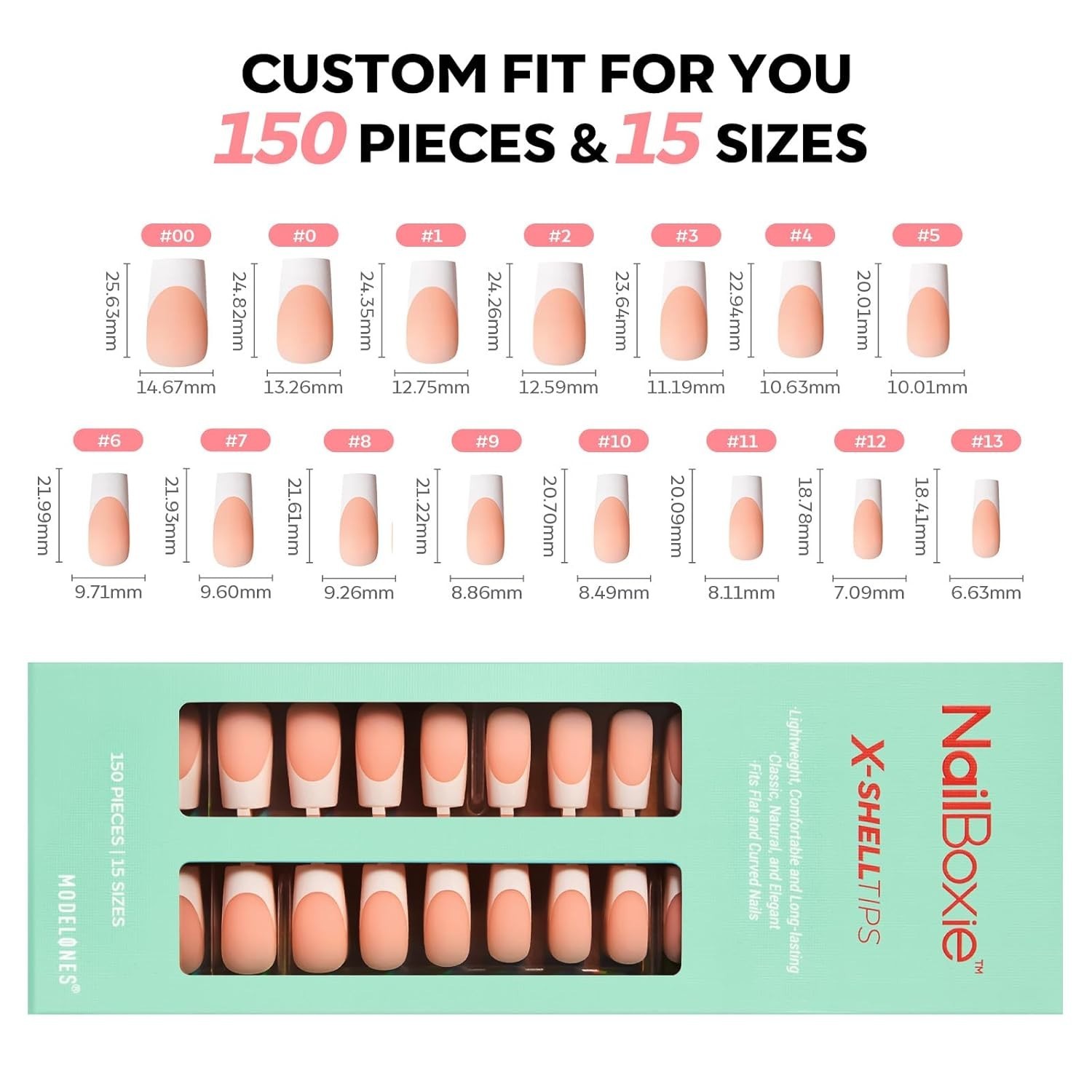 Modelones Nailboxie French Tip Press on Nails 300 Pieces – 15 Sizes Medium Nude