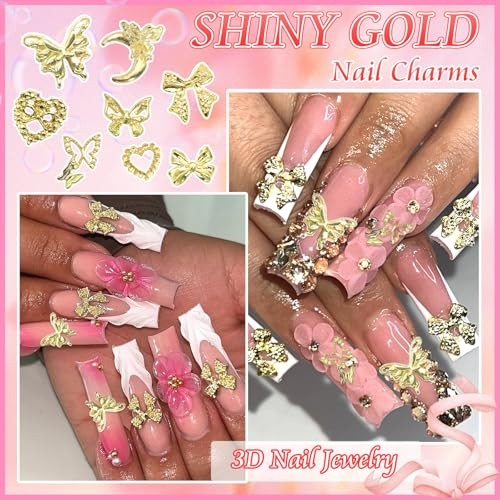 120 Pcs 3D Gold Nail Charms, 12Styles Alloy Bow 01 Gold Bow Heart Butterfly