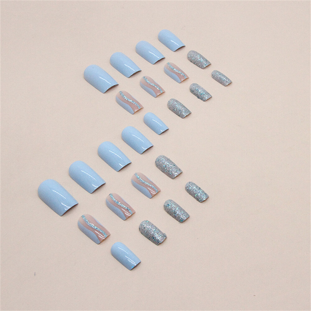 Light Blue Waves False Nail Medium Square Press on Nails for Nail Art 24pcs