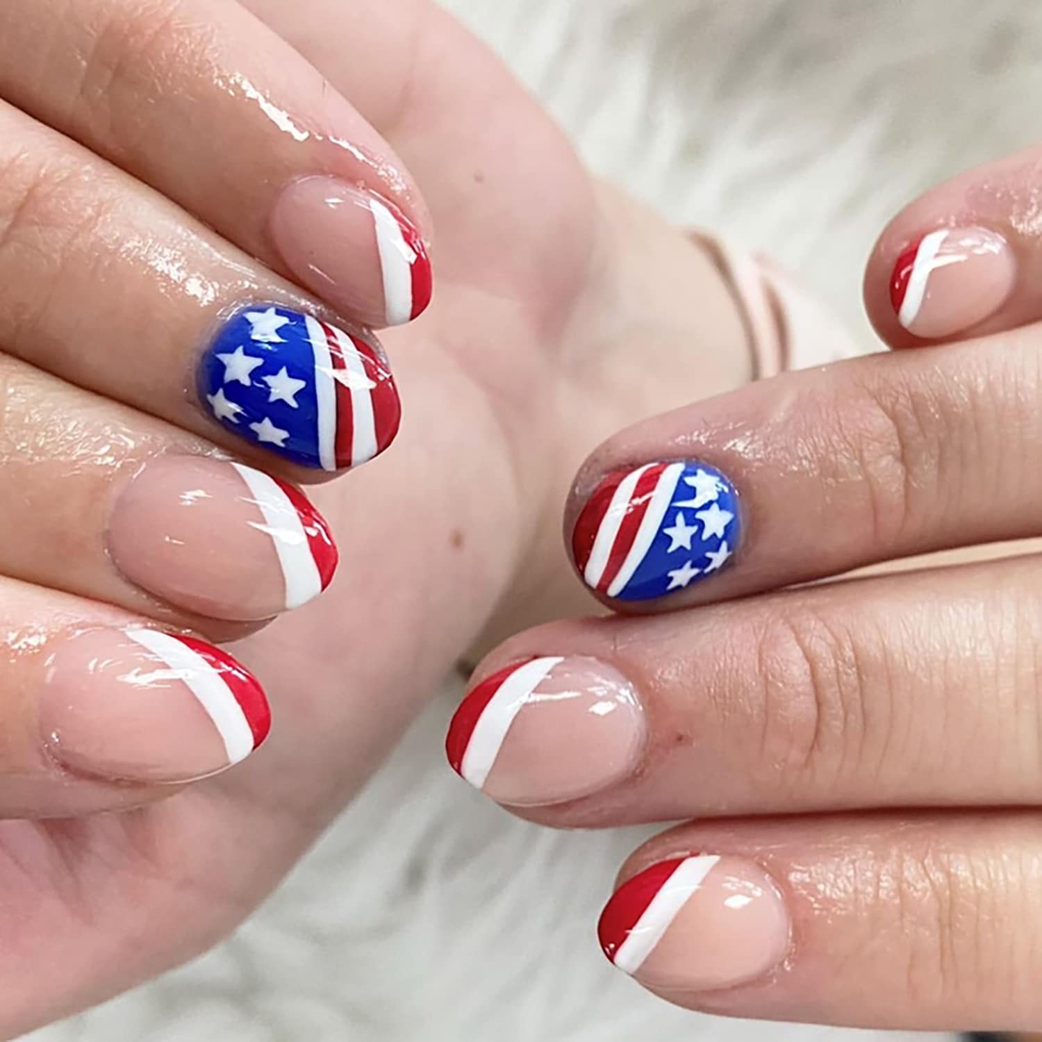 Press On Nails Short for Independence Day, Round Shape Full Cover Reusable Fa…
