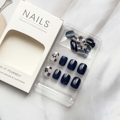 Spring Press on Nails – Blue Flower Short Square Fake Nails – Gold Foil Pattern4