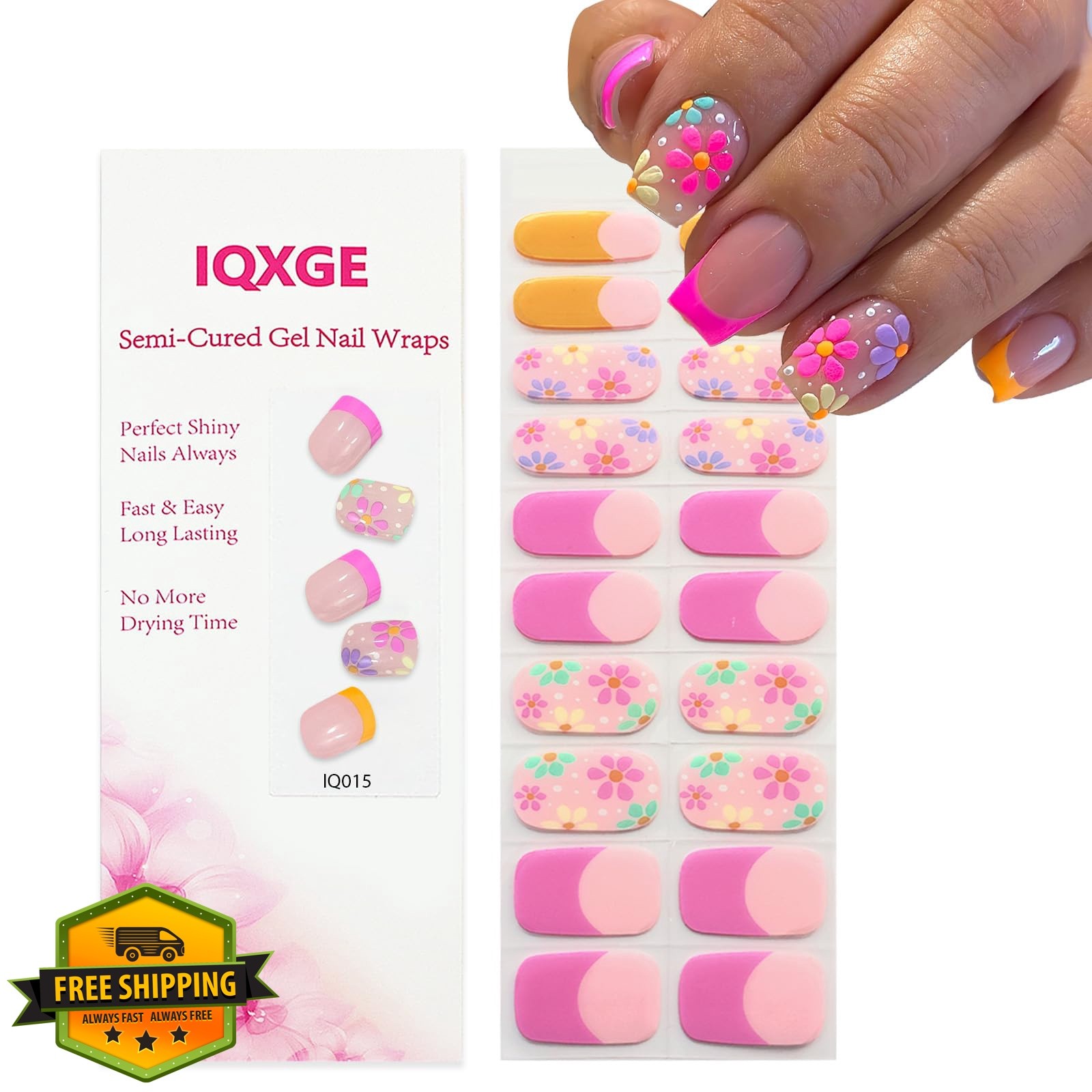 IQXGE 20PCS Semi Cured Gel Nail Strips French Tip Spring Summer Nail Wraps wi…