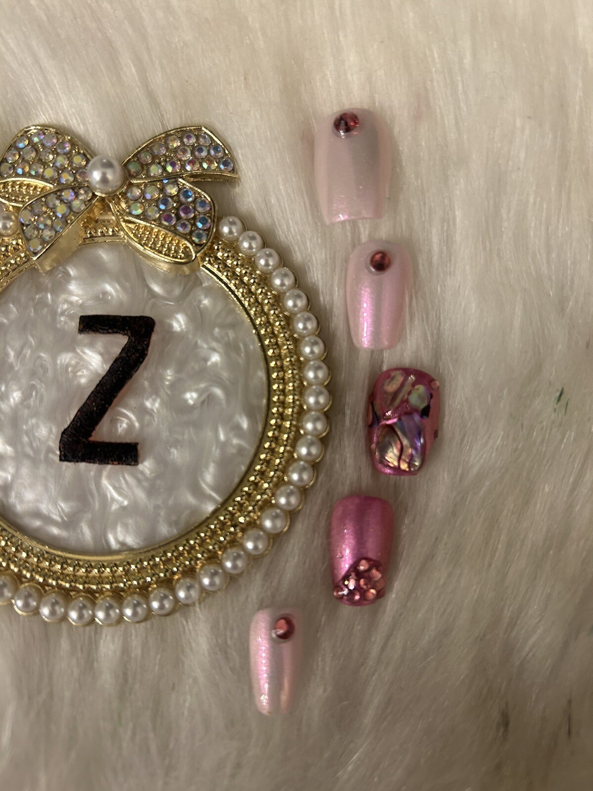 Z NAILZ!Handcrafted Set Of M Coffin Pink With Abalone Shell And Stones Press Ons