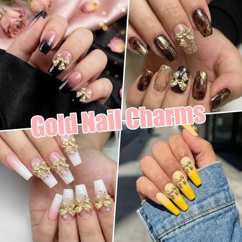 Mabor 80PCS Gold 3D Bow Nail Charms, Alloy Metal Bows for Nails, Shiny DIY