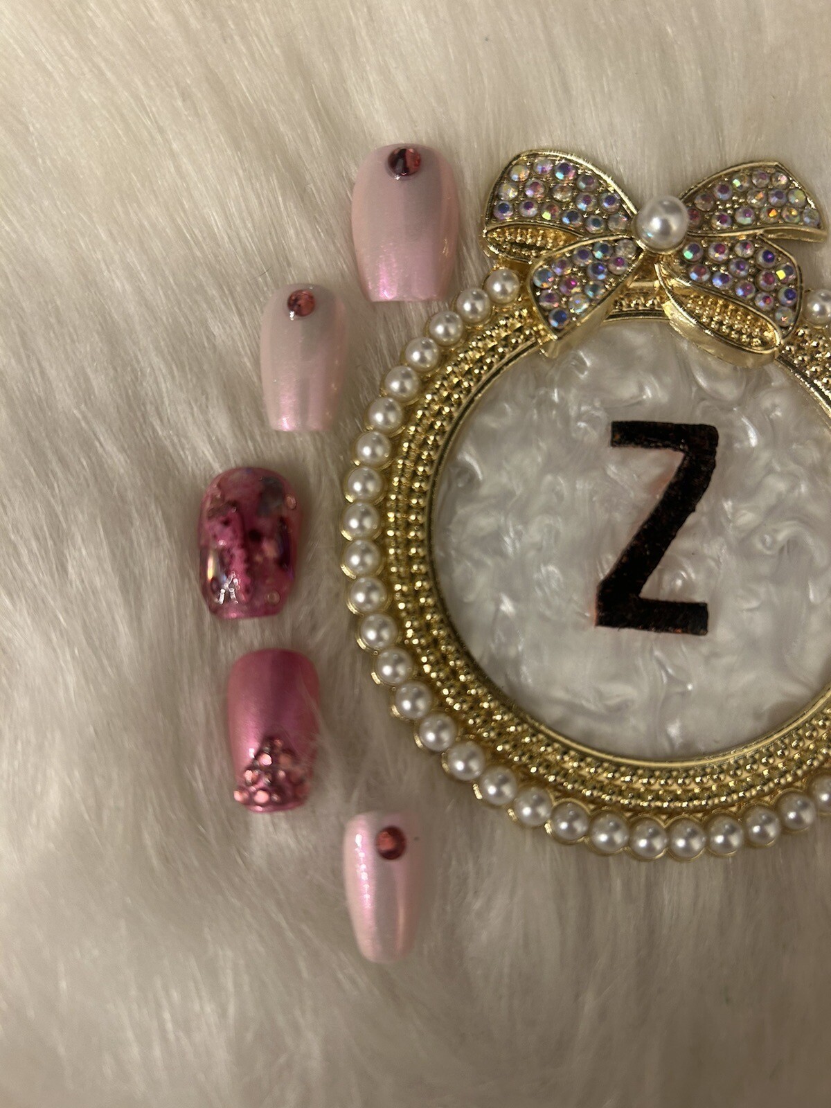 Z NAILZ!Handcrafted Set Of M Coffin Pink With Abalone Shell And Stones Press Ons