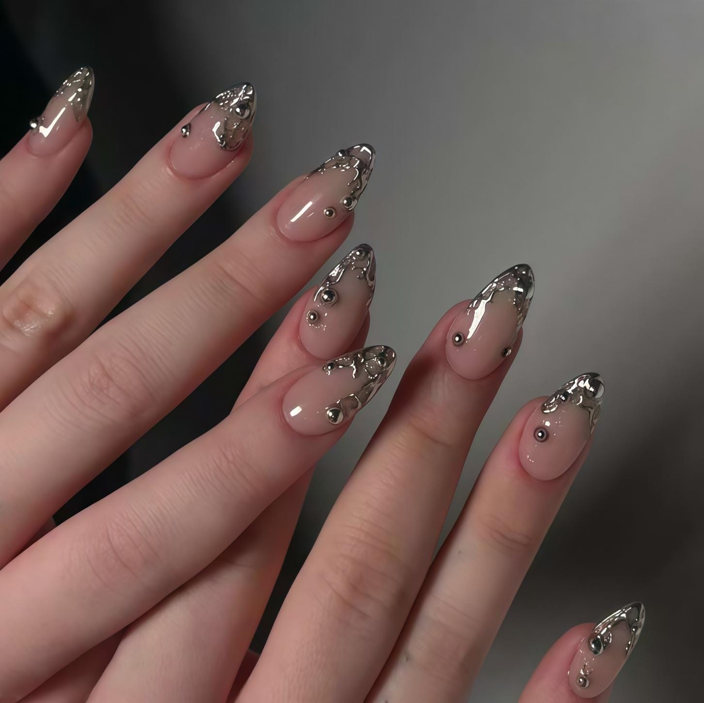 Custom Handmade Silver Drip Metal Stud Nude Almond Press on Nails
