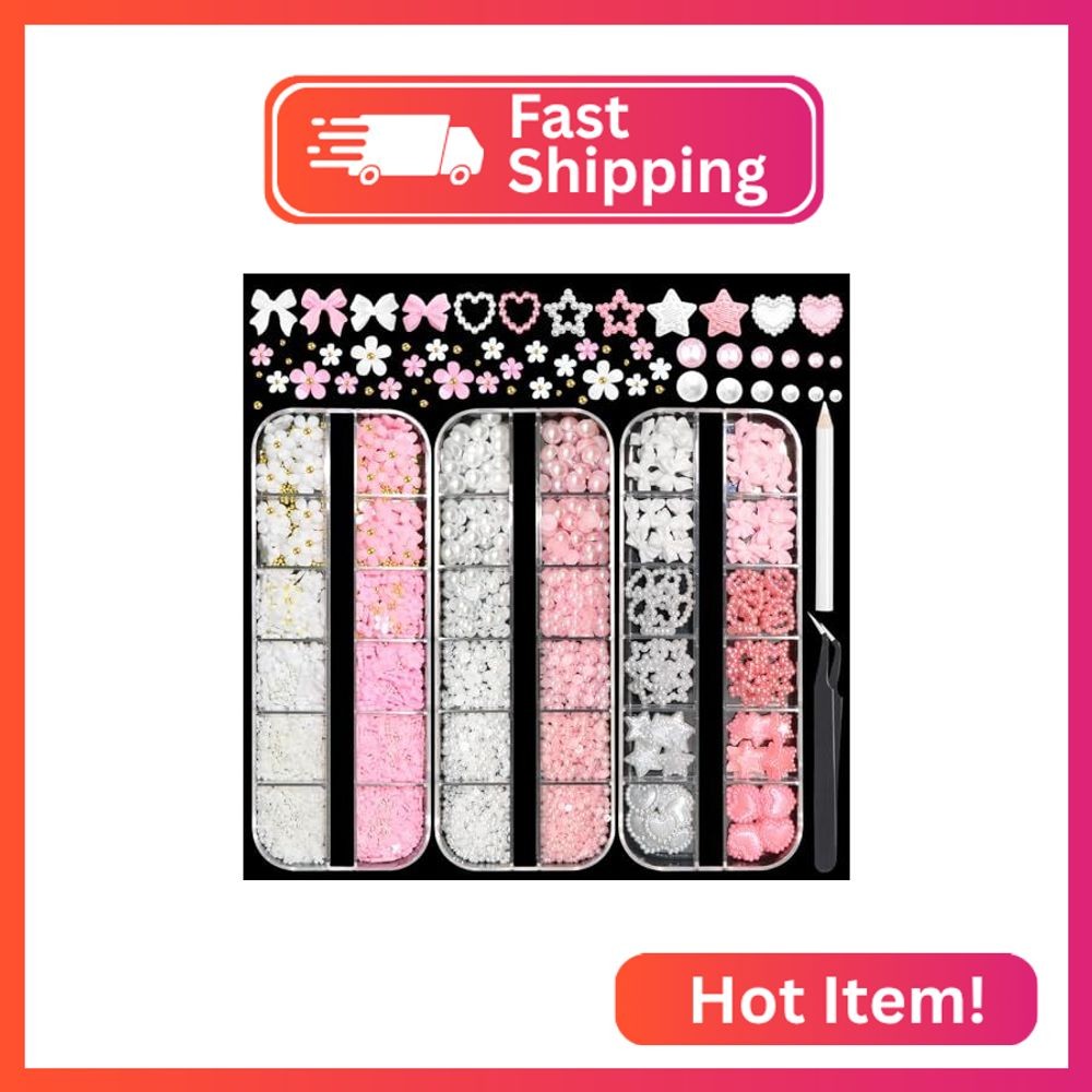 RODAKY Flower Nail Charms 3D Bow Charms for Nails Pink White Flatback Pearls Cut