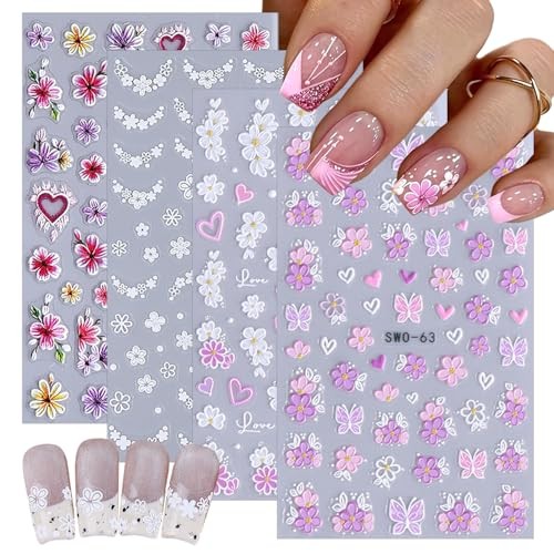 4 Sheets Pink White Flower Nail Art Stickers 3D Embossed Flowers Flowers 05