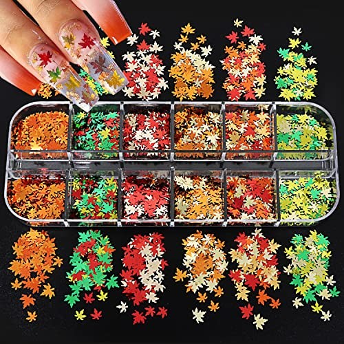 12 Grids Fall Maple Leaf Nail Art Glitter Sequins 3D Holographic Nail Art