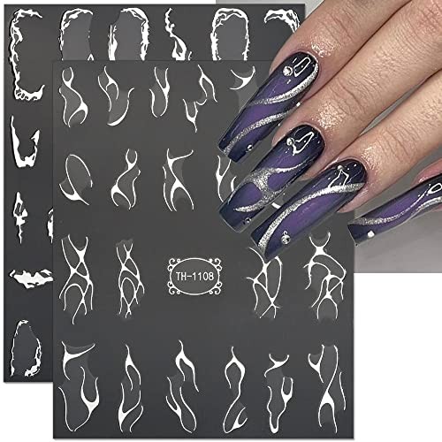 Metallic Silver Lines Nail Stickers – 6 Sheets, 3D Wave Lines, Irregular