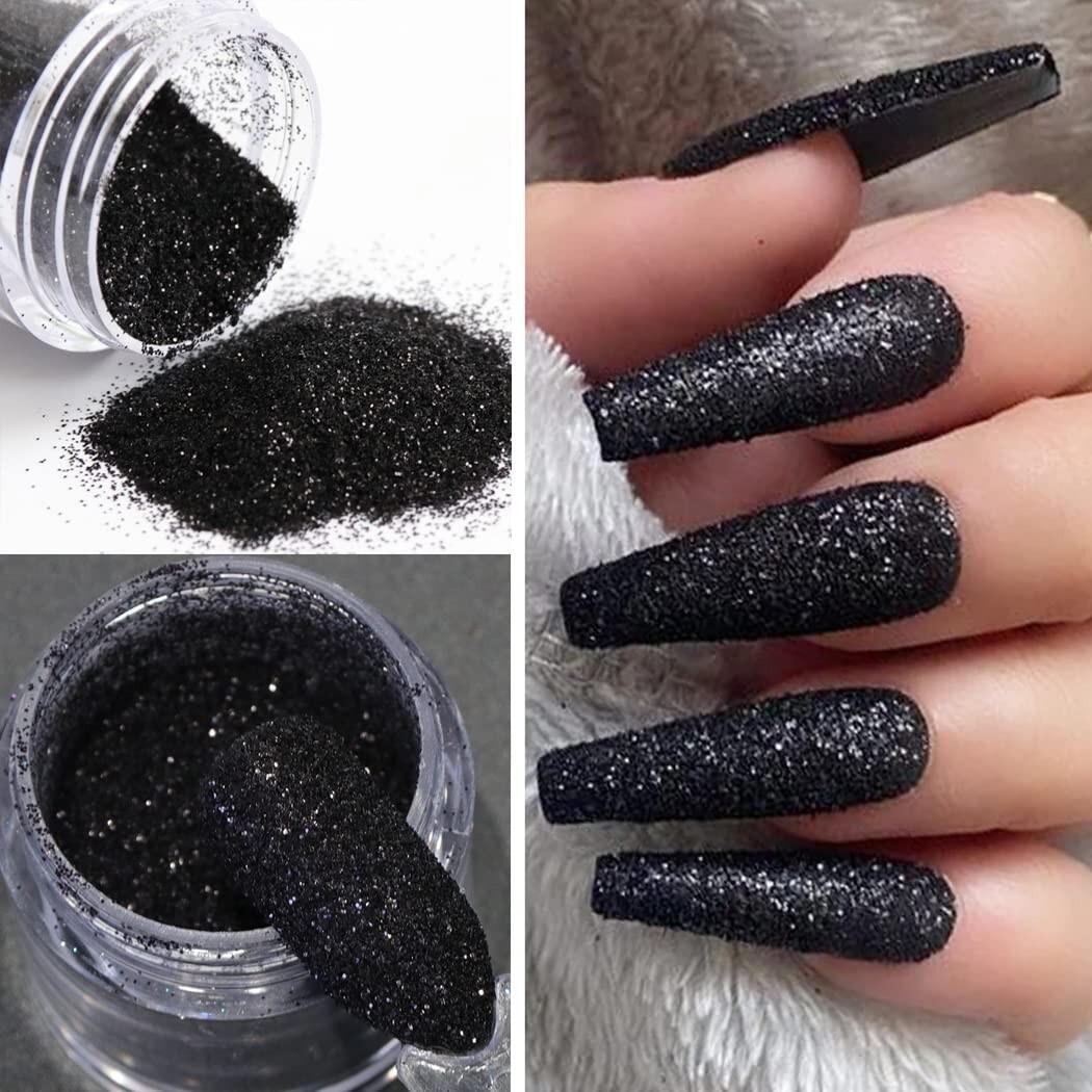 2 Boxes Holographic Nail Glitter Powder White Black Shining Sugar,1Pcs Soft Nail