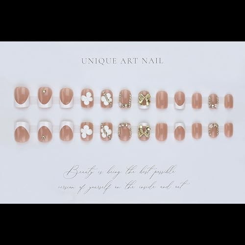 Gold French Tip Press On Nails Short Square Fake Nails 3D Flower short-designs2