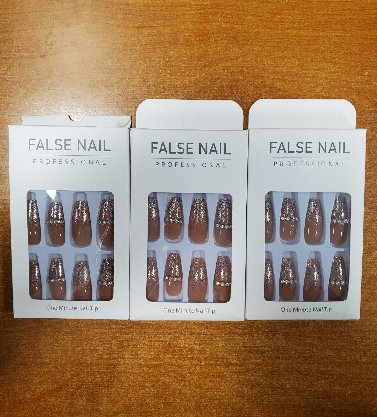 3 Boxes of 24: Nude Sparkly + Jewels Long Coffin Press-On Nails (9D-1780)