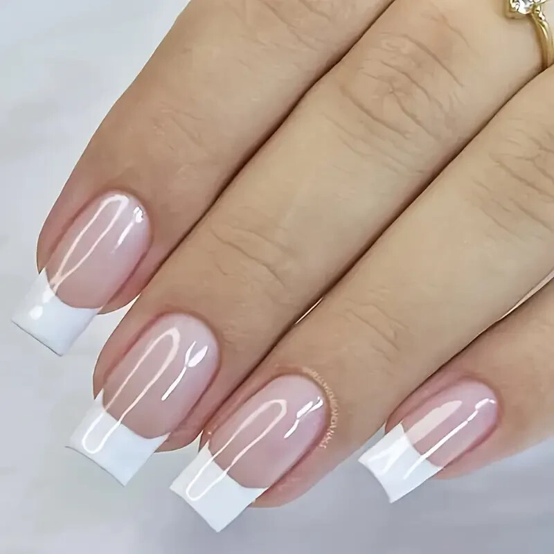 Long Square Press On Nails, French Tip Fake Nails Full Cover False Nails
