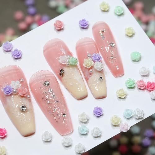 100Pcs Random Mixed Colors 4mm Tiny Flower Nail Charms Flatback 3D Flowers for