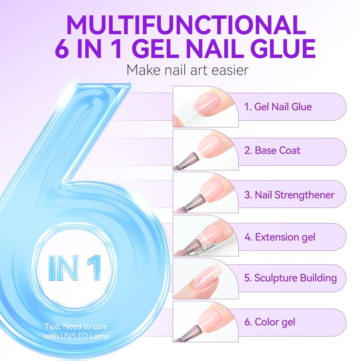 Peachy Jelly 6 in 1 Nail Glue Gel – Break Resistant, UV Cure Required Adhesive