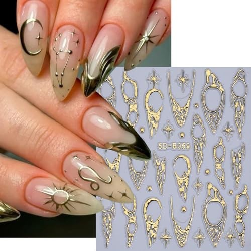 5D Metallic French Tips Nail Stickers Gold Silver Star flower nail decals-8
