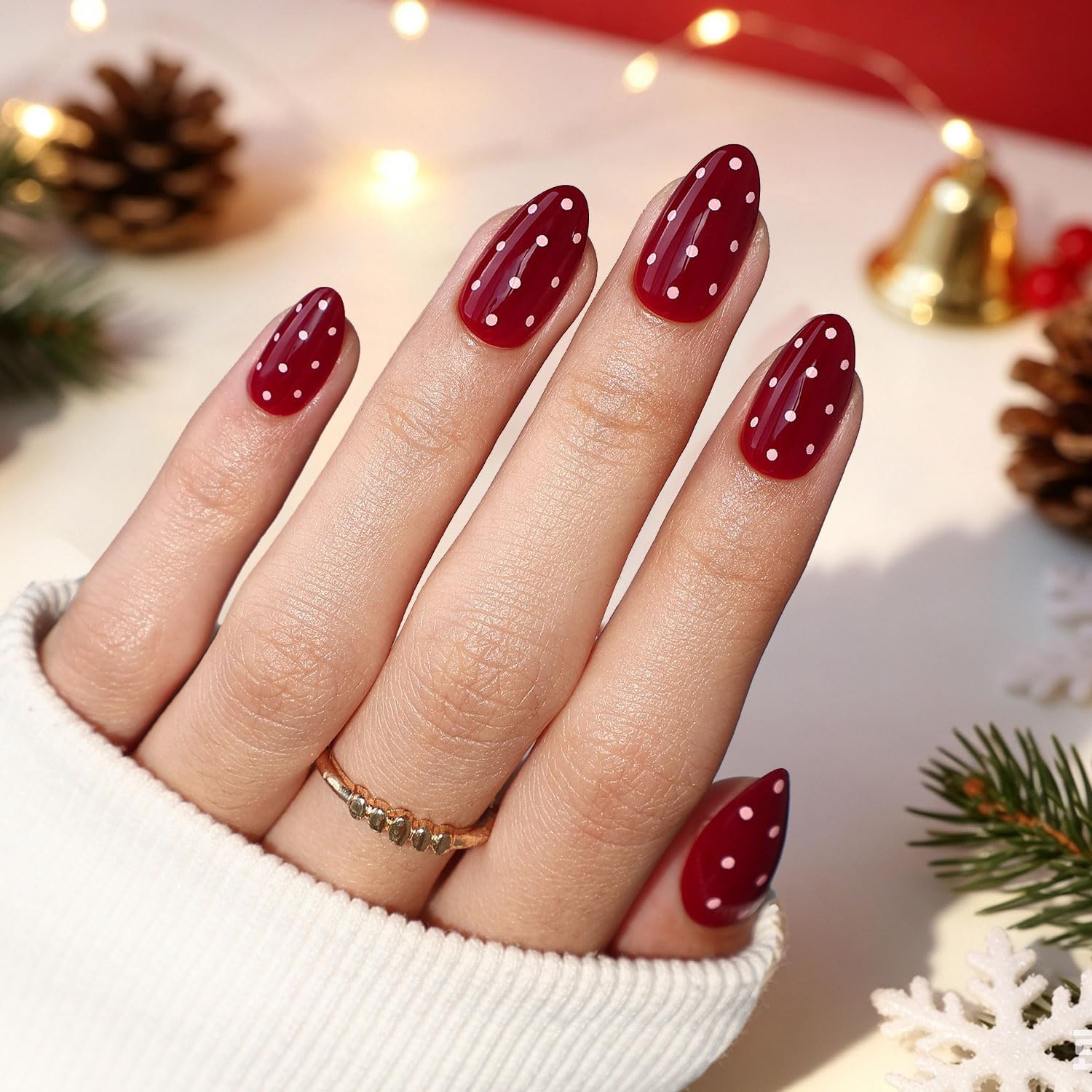 GJZEZ 32Pcs Red Polka Dot Short Almond Press On Nails