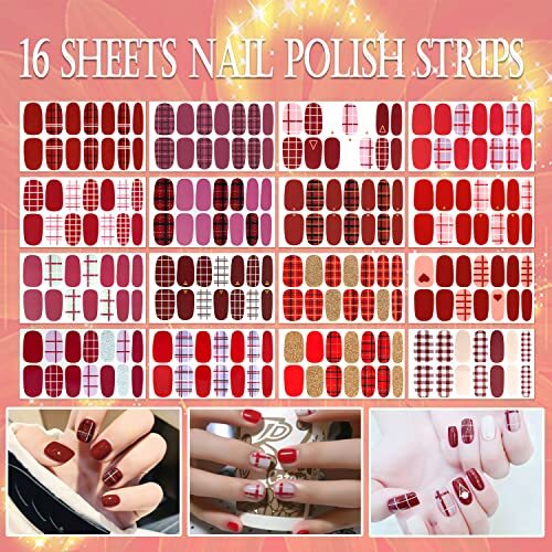 16 Sheets Red Plaid Nail Polish Strips for Women Nail Stickers Red Plaid Style