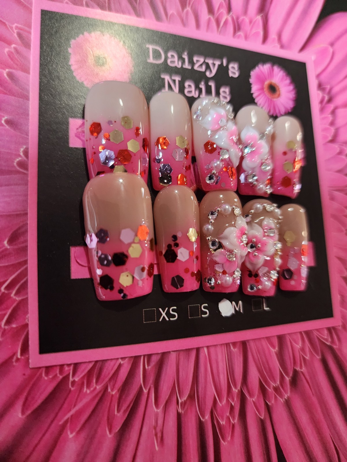 Medium Size Pink Chunky Glitter 3D Floral Nail Set Handmade Square 2.5 Cm Length