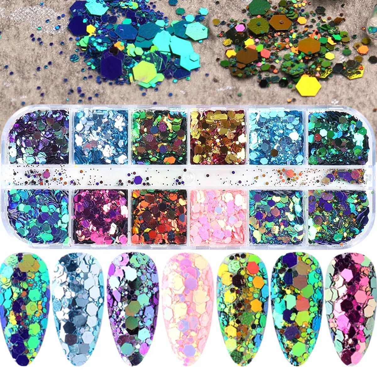 12 Grids Chameleon Nail Art Sequins Hexagon Nail Glitter Holographic Process …